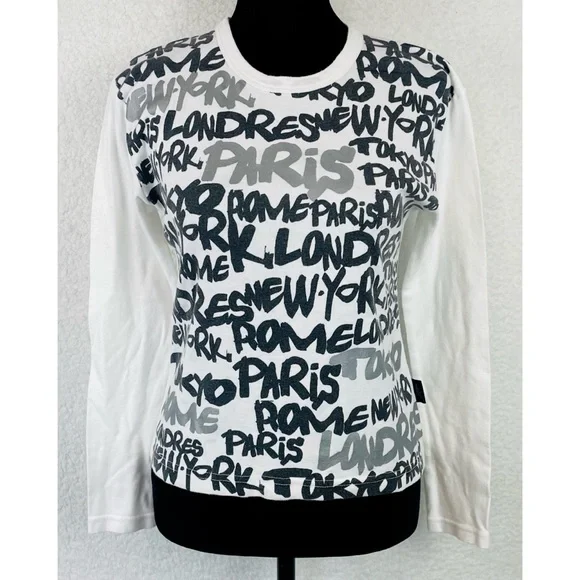 (VTG) YAN MASTER • Black/White/Silver Y2K Paris Name Print Long Sleeve Tee, S - Picture 2 of 16